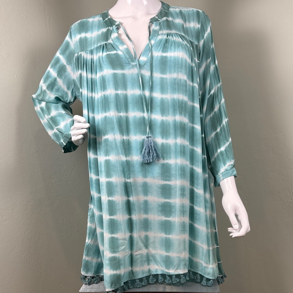 Olivaceous Tie Dye & Tassel Green White Tunic Beach Resort Vacation Size Large - Picture 2 of 4